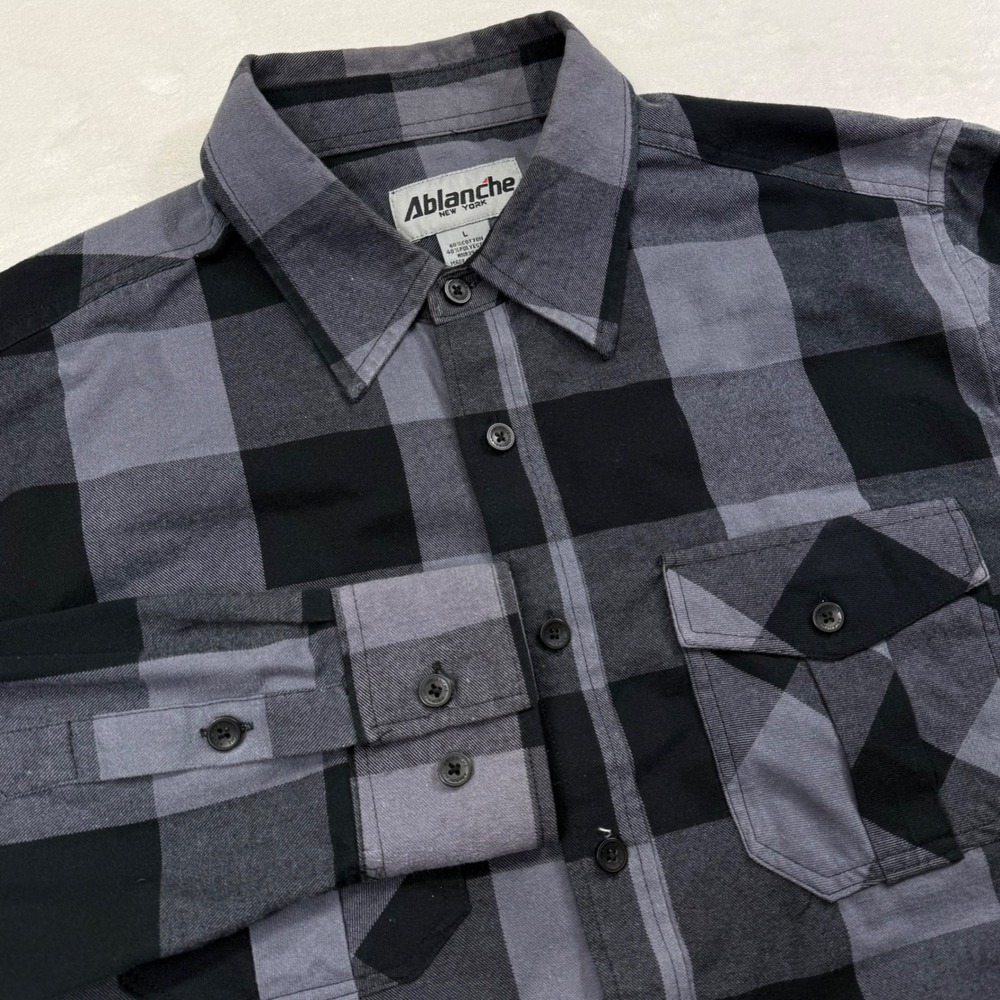 Ablanche New York Mens Grey Black Buffalo Plaid Flannel Button Down Shirt Large